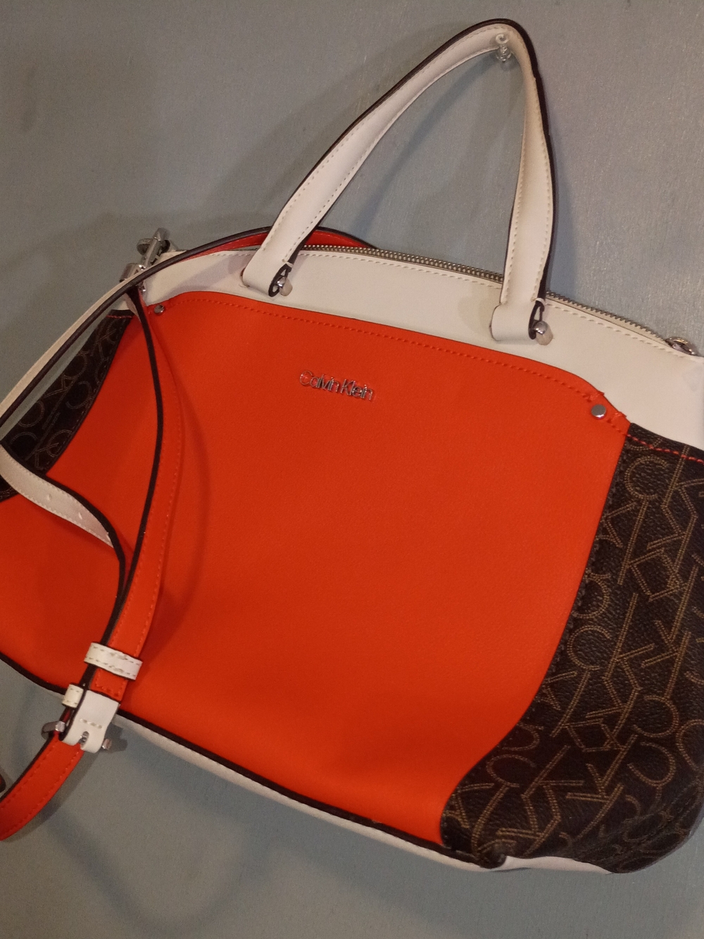 Calvin Klein Orange and White Logo-Trim Satchel